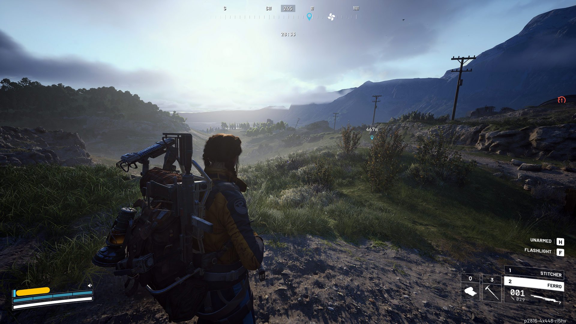 A player character looks out at a vista.