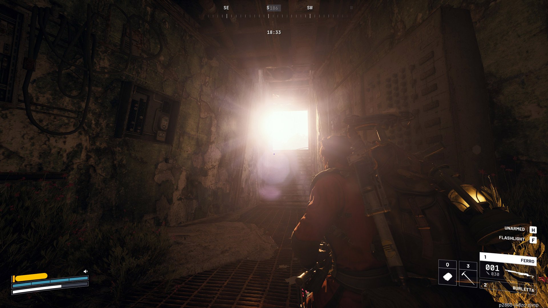 A player character looks at the sun as it pours through a corridor.