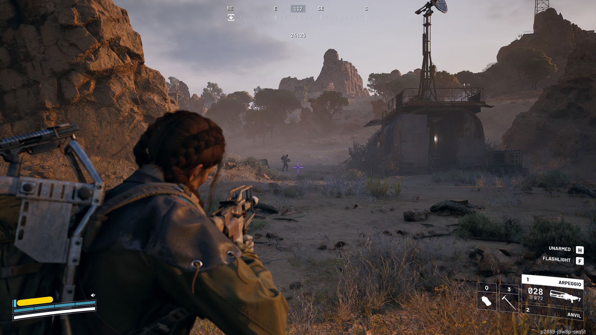 A player character aims ahead of a character carrying a crate.