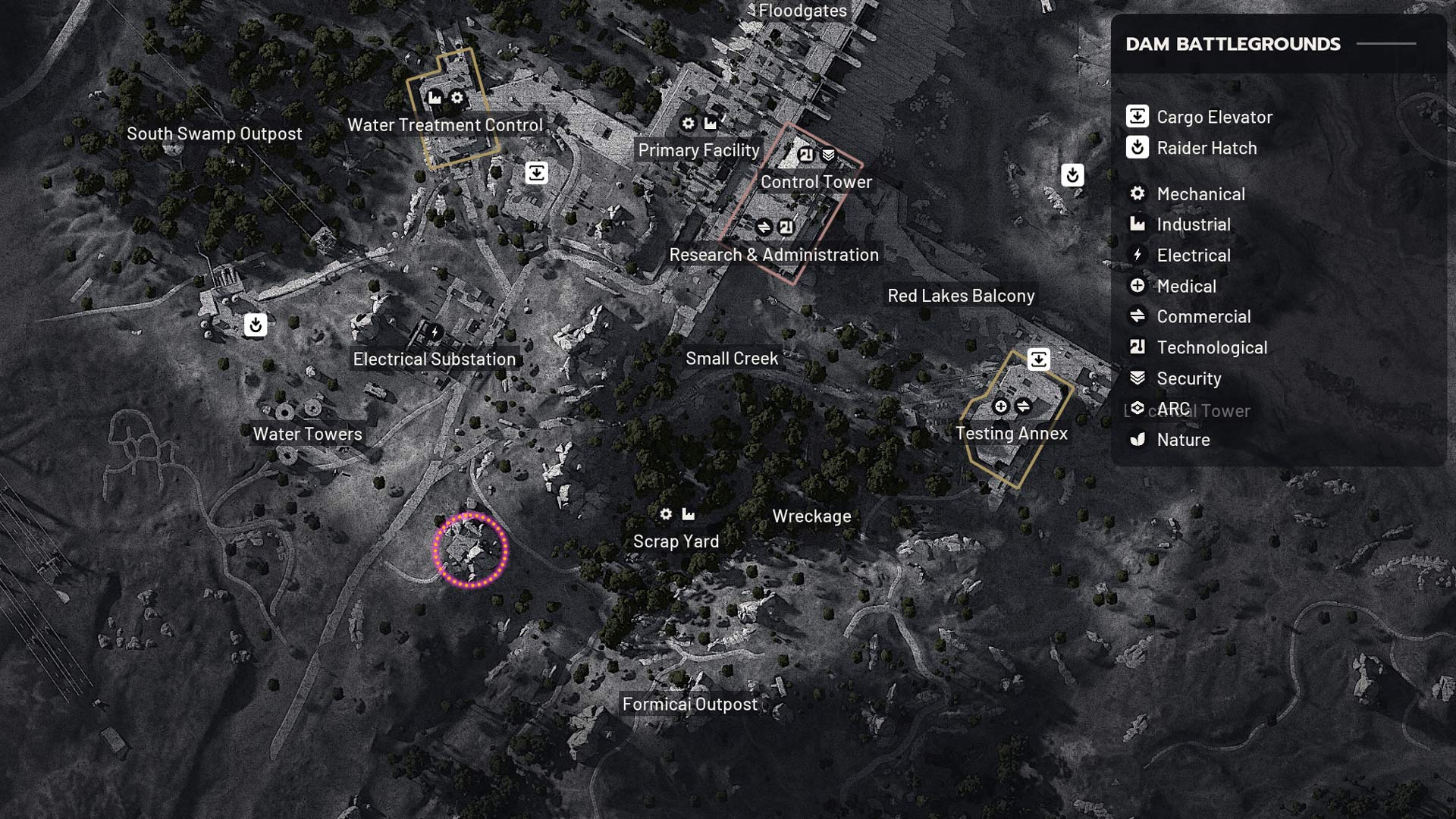 A dotted circle indicates a specific location on a map.