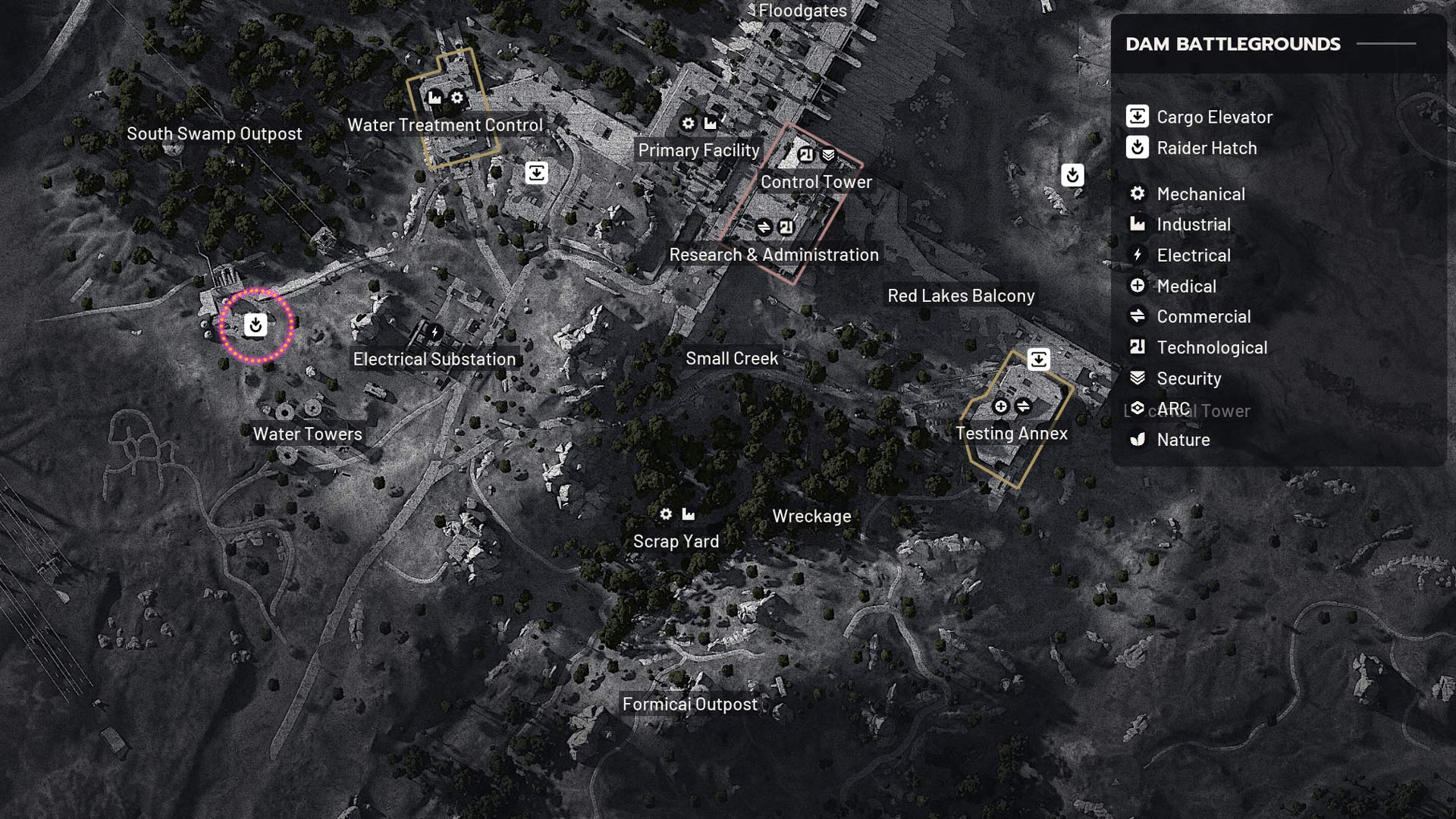 A dotted circle indicates a specific location on a map.