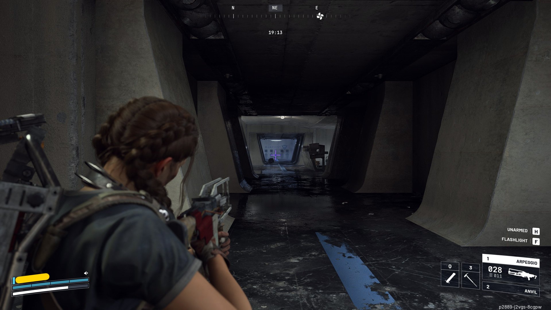 The player character aims down a corridor.