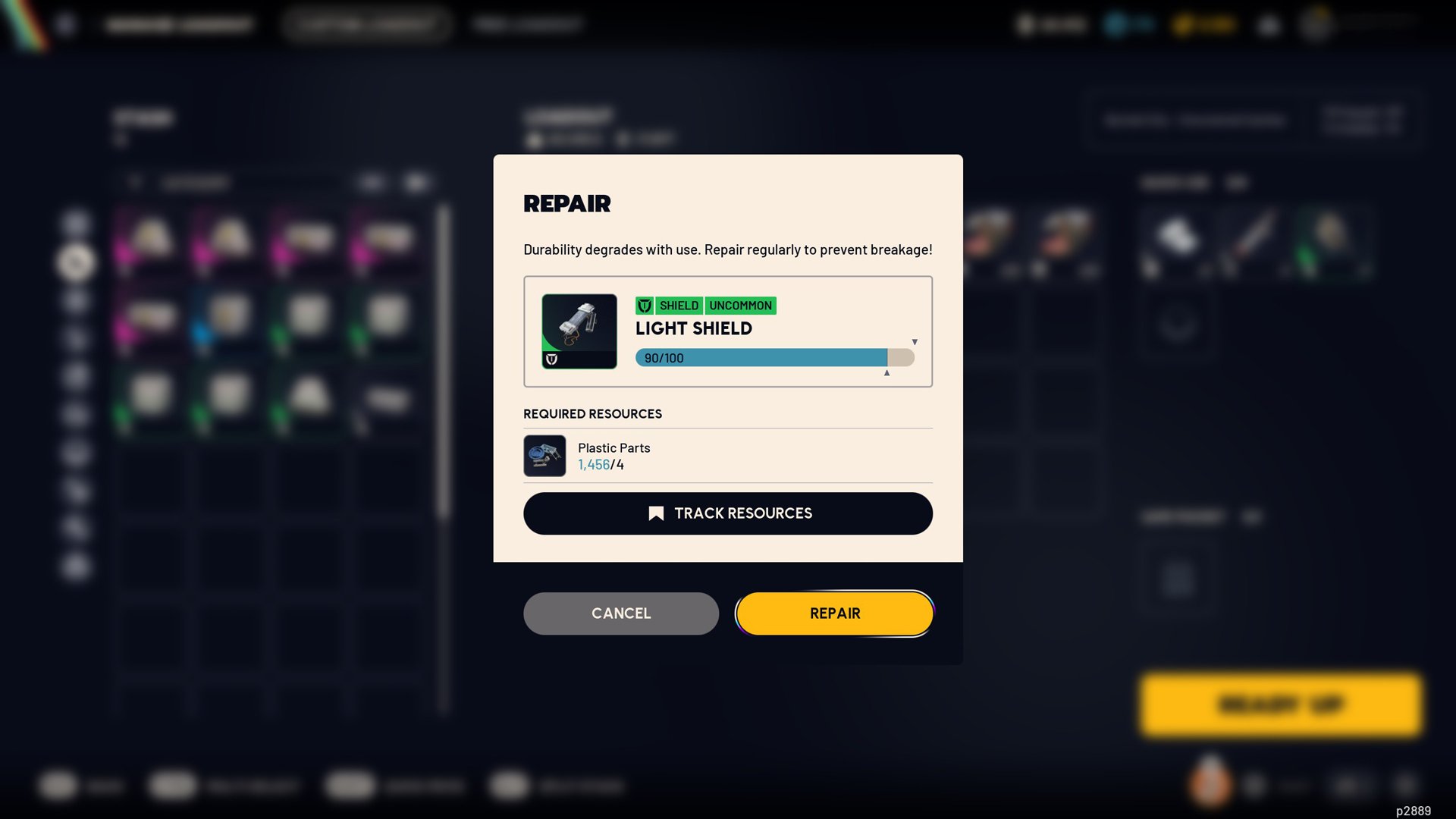 A screenshot shows a prompt to repair a shield.