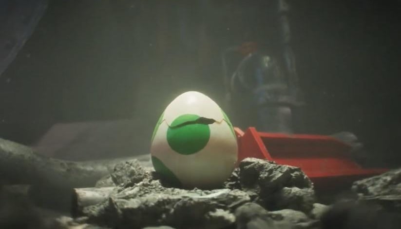 A Yoshi egg appears in a sewer.