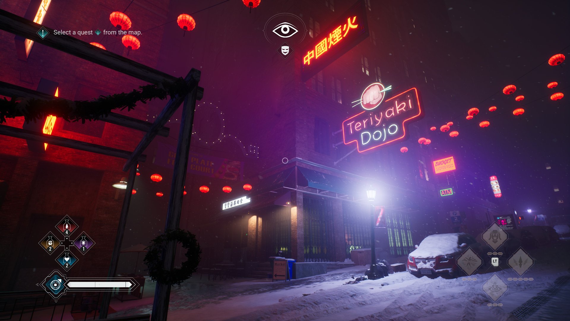 The player character looks up at a Japanese restaurant in Seattle.