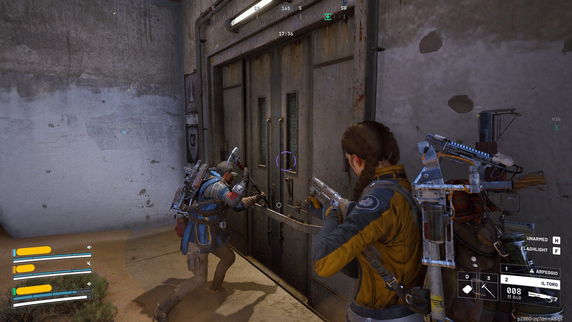 The player character watches over another player while they breach a door.