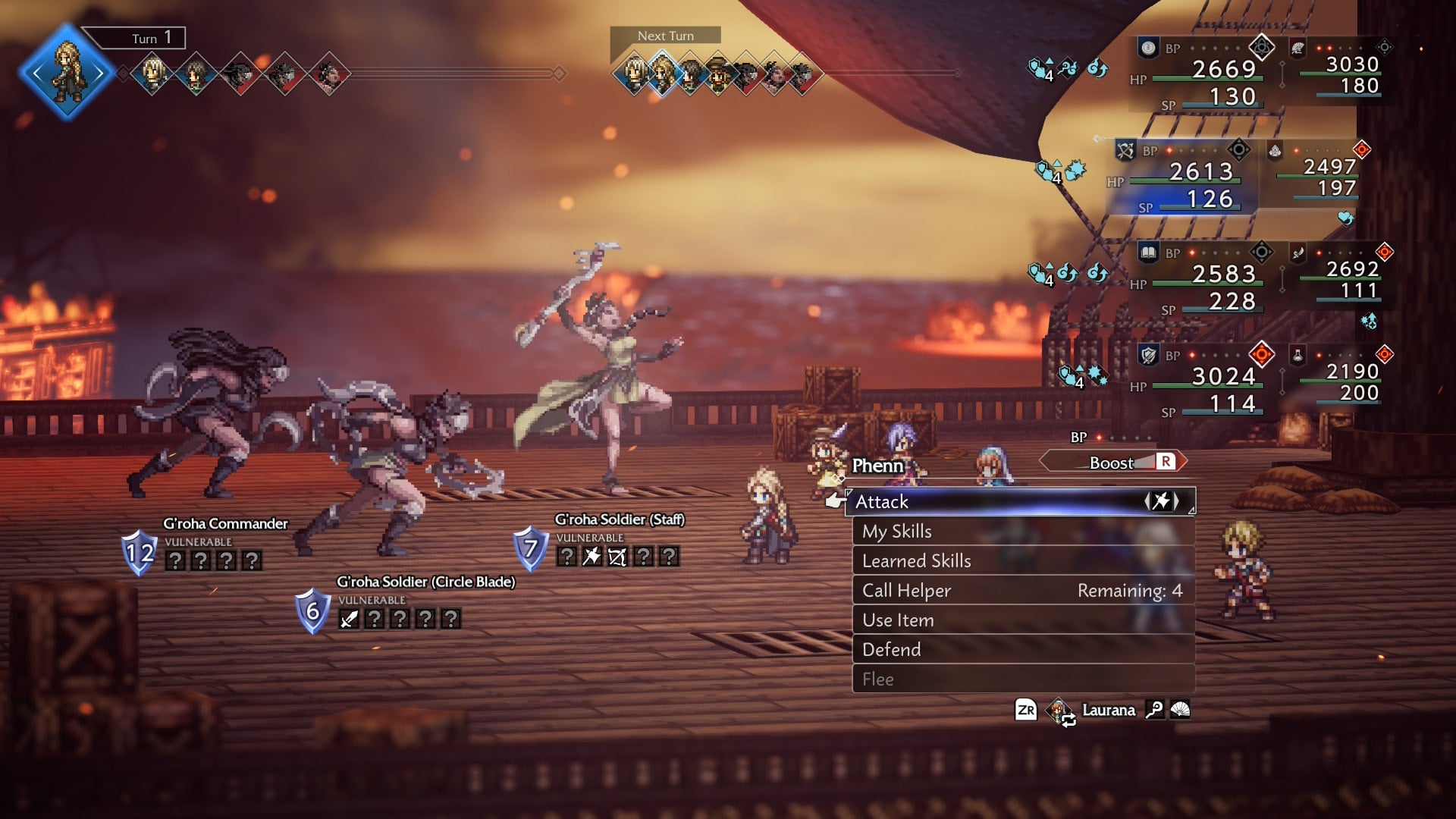 Characters battle by the sea.