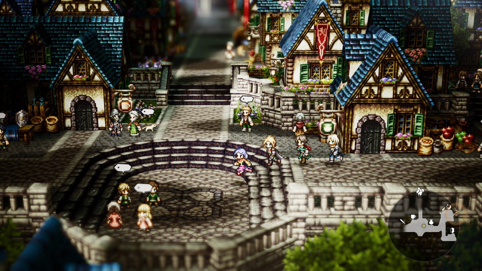 Characters walk through a town square. 